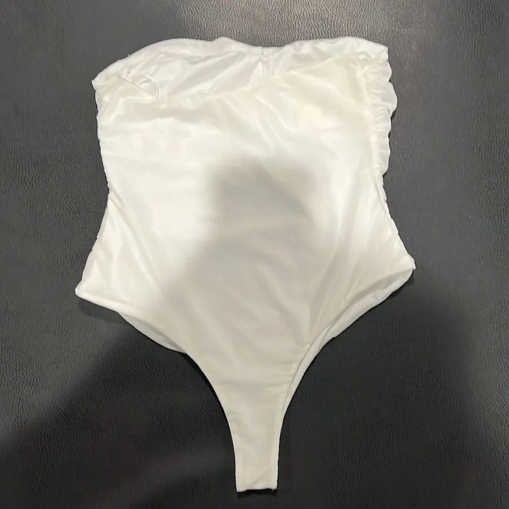 Womens White Strapless Mesh Rushed Thong Showpo Isabella Bodysuit Size 8 NWT - Picture 5 of 10